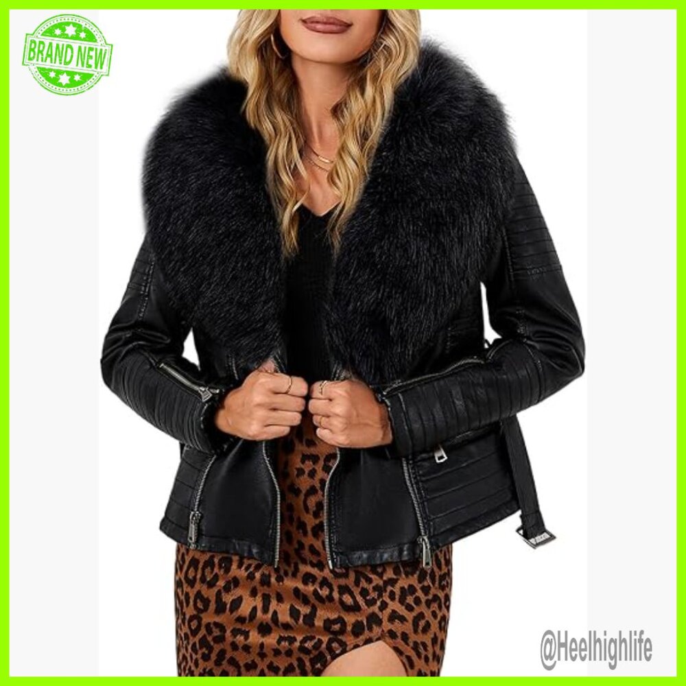 Women's Faux Leather Moto Jacket Sherpa-Lined Removable Fur Collar Slim Fit